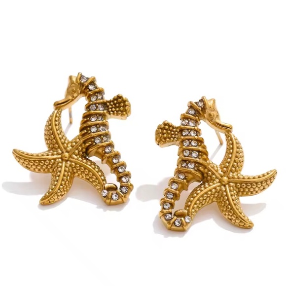 Seahorse Starfish Crystal 18K Gold Stainless Steel Waterproof Jewelry Set - Picture 8 of 16
